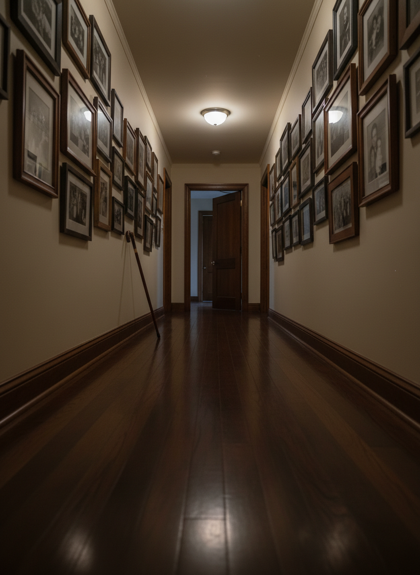 A narrow hallway lined with framed black-and-white family photographs in mismatched wooden frames leads toward a partly open door at the far end. The polished hardwood floor reflects a faint, elongated path of light from a single frosted glass ceiling fixture, casting gentle, elongated shadows from a leaning walking cane propped neatly against the wall. The camera looks down the corridor from a low, centered perspective, drawing the eye into the distance. Photographic realism with balanced composition and moderate depth of field, the foreground frames sharply while the furthest photographs soften into blur. The atmosphere feels hushed, reverent, and slightly nostalgic, capturing the weight of memory and the passage of generations in a sophisticated, intimate way.